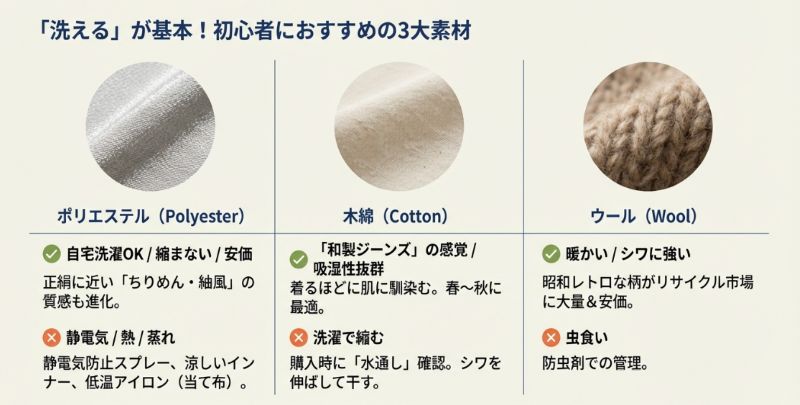 洗える着物の3大素材(ポリエステル・木綿・ウール)のメリット・デメリット・お手入れ比較表