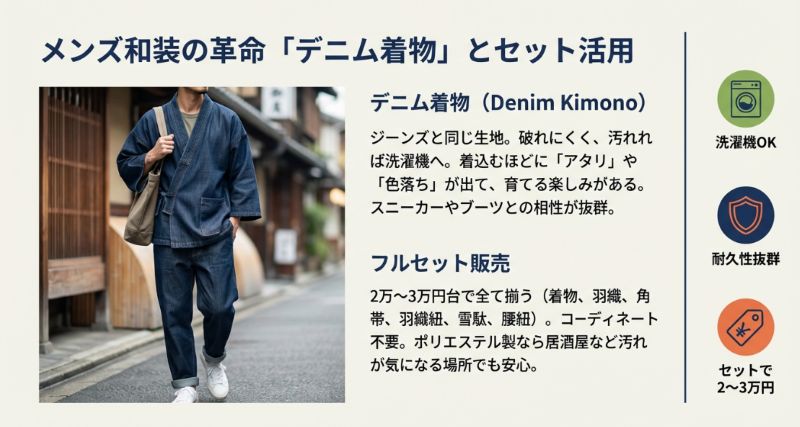 メンズ和装に革命を起こすデニム着物の特徴と、2〜3万円台で揃うフルセットの紹介