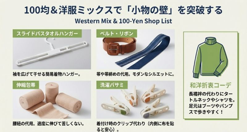 100円均一アイテム(バスタオルハンガー、ベルト、包帯等)や洋服を活用した節約コーデ術