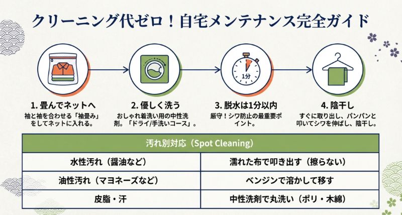 自宅での着物洗濯手順(袖畳み、ネット使用、1分脱水、陰干し)と汚れ別対処法の解説