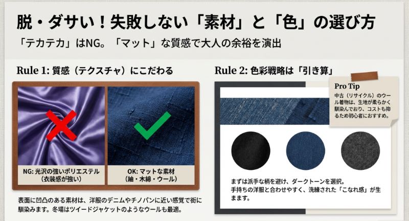 光沢の強いポリエステル（NG）と、マットな質感の紬・木綿・ウール（OK）の比較画像。ダークトーンの色彩戦略についても記載。
