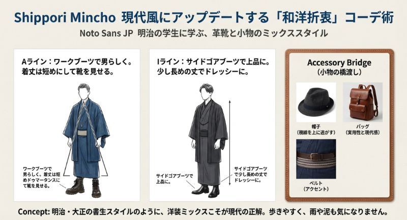 ワークブーツで男らしいAライン、サイドゴアブーツで上品なIラインを作る着こなし術。帽子やバッグなどの小物の活用法も紹介。