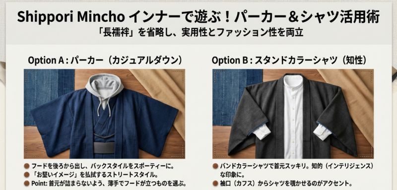 着物の下にグレーのパーカーを合わせたスポーティーなスタイルと、スタンドカラーシャツを合わせた知的なスタイルの比較画像。
