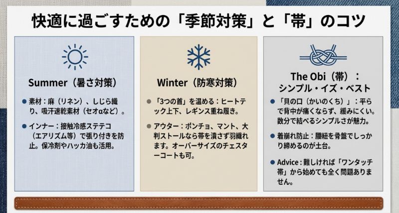 夏の麻素材、冬の「3つの首」を温める防寒策、そして平らで緩みにくい帯結び「貝の口」について解説したスライド。