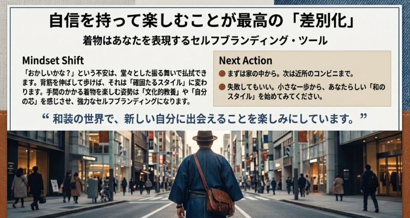 着物をセルフブランディング・ツールとして捉える考え方と、「まずは家の中から、次はコンビニまで」という最初のアクションの提案。