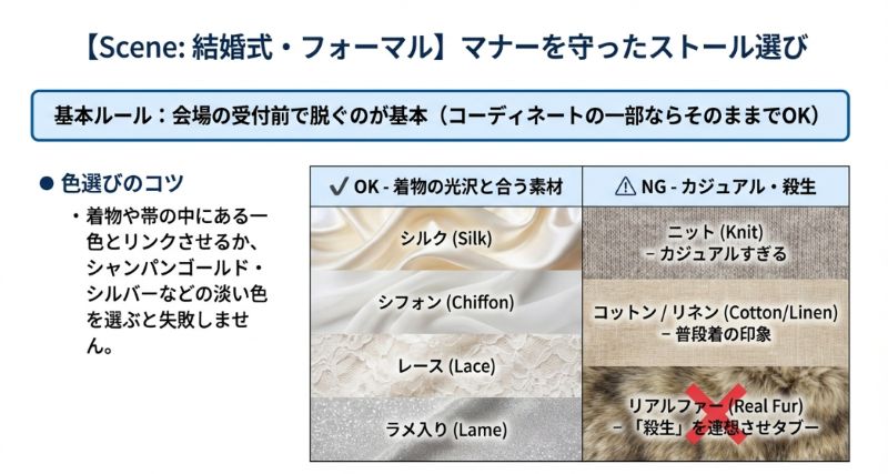 フォーマルな場でのストールの色選びや、シルク・レース等の適した素材とニット等のNG素材を比較した表。