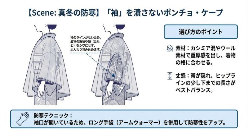 袖のラインがないポンチョが着物の袂をシワにせず包み込む仕組みを説明するイラスト図解。