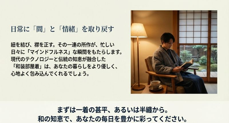 半纏を羽織って読書を楽しみ、マインドフルネスな時間を過ごすイメージ画像。