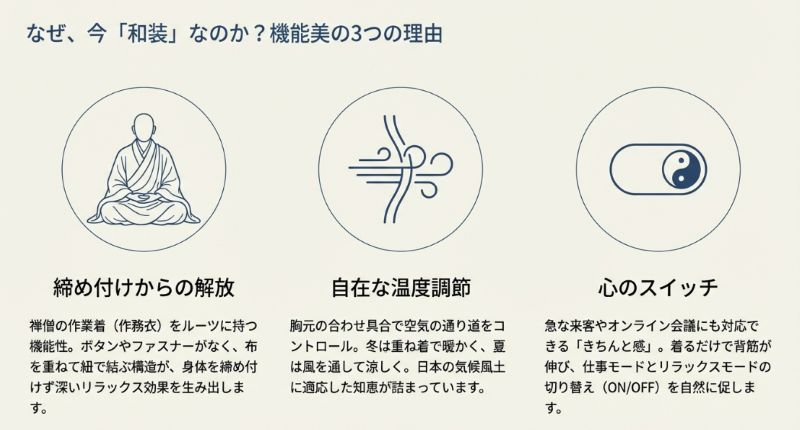 締め付けからの解放、自在な温度調節、仕事とリラックスのスイッチ切り替えを説明する図解。