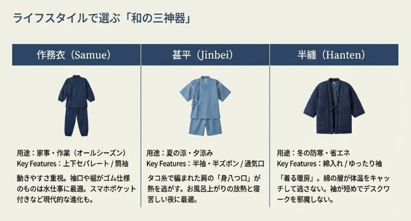 作務衣、甚平、半纏の3種類の主な用途と特徴を比較したスライド画像。