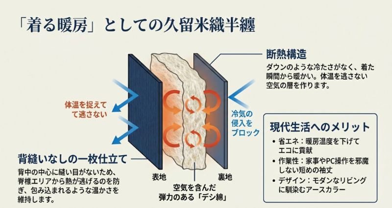 デシ綿の空気層と背縫いなしの一枚仕立てによって体温を逃さない構造を説明する図解。