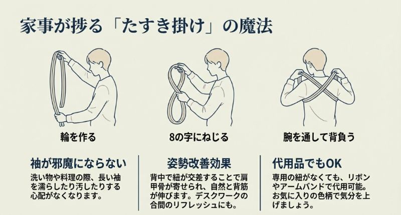 紐を8の字にねじって背負う、たすき掛けの具体的な手順を示したイラスト。