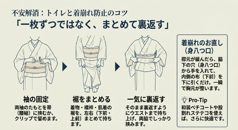 裾をまとめて裏返す方法と、身八つ口から手を入れて衿元を整える方法を説明するスライド。