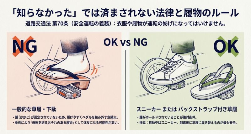 一般的な草履・下駄(NG)とスニーカー・バックストラップ付き草履(OK)の比較図。