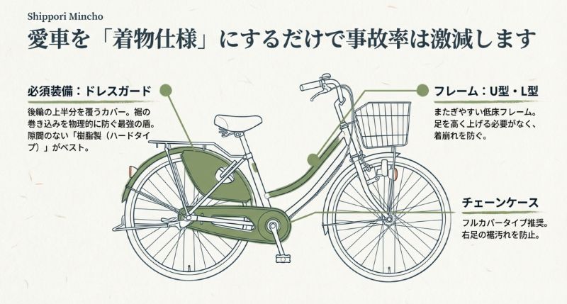ドレスガード、低床フレーム(U型・L型)、フルカバーのチェーンケースを備えた自転車の紹介。