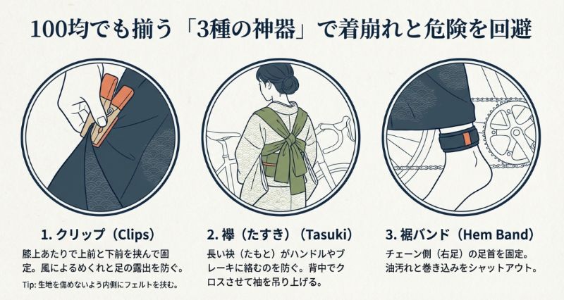 着物クリップ、襷(たすき)、裾バンドの3つのアイテムによる安全対策と着崩れ防止策。