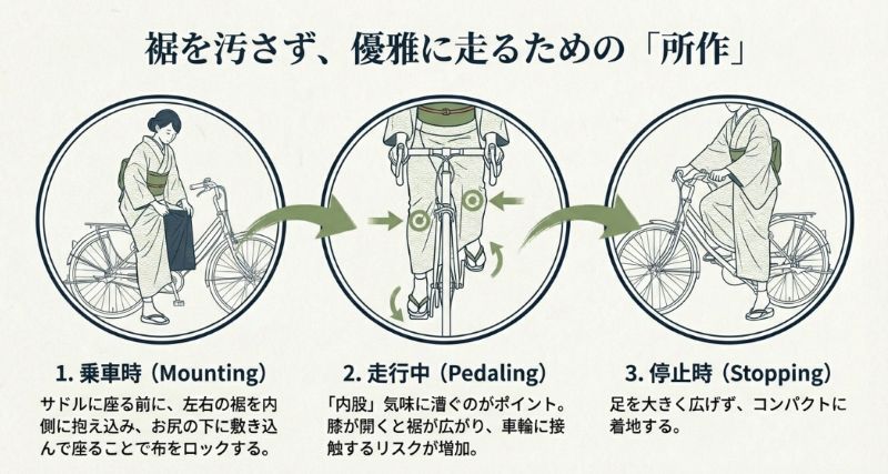 乗車時の裾の敷き込み、内股でのペダリング、停止時の足のつき方を解説したイラスト。