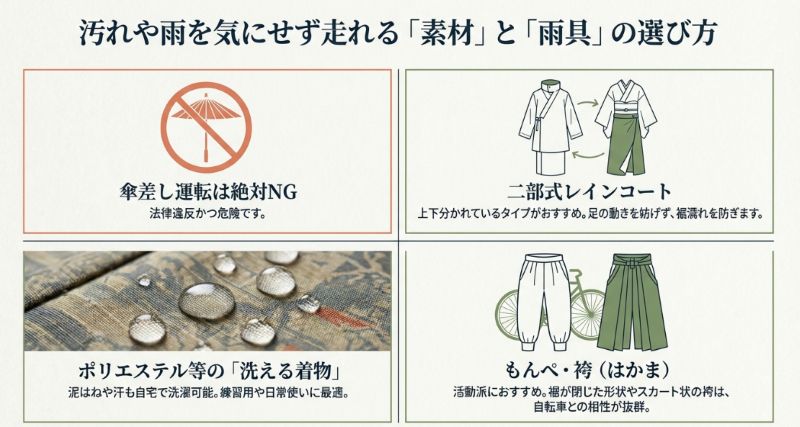 洗える着物、二部式レインコート、もんぺ・袴など、アクティブな走行に適した選択肢。