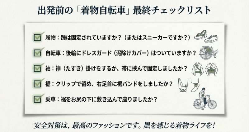 履物、ドレスガード、袖の固定、裾のクリップ、座り方の最終確認項目。