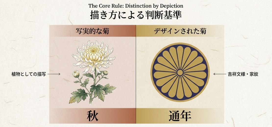 写実的な菊(秋向け)とデザインされた菊(通年向け)の判断基準を比較した表