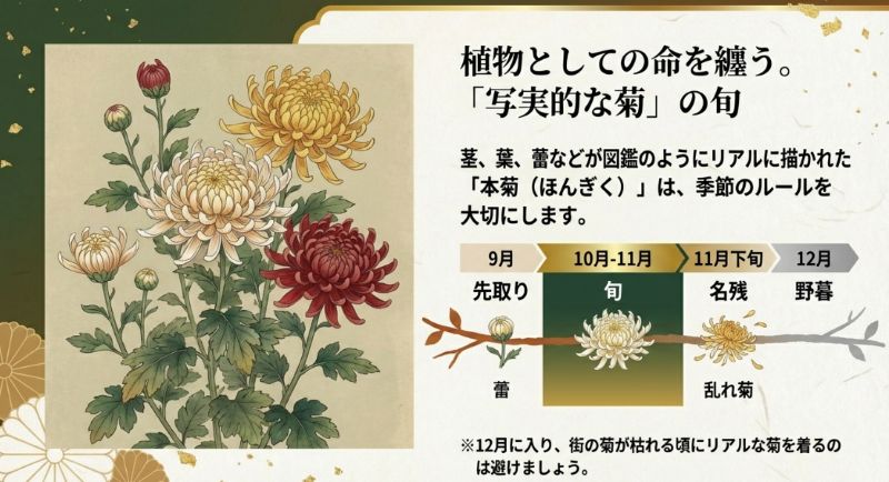 茎や葉が描かれた本菊の、9月から12月にかけての着用時期(蕾・旬・名残)を示す図解