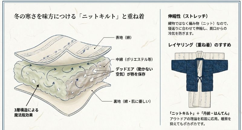 表地（綿）、中綿（ポリエステル等）、裏地（綿）の3層構造を示す断面図。中綿の「デッドエア（動かない空気）」が熱を保存する魔法瓶効果と、伸縮性による冷気防止について解説。