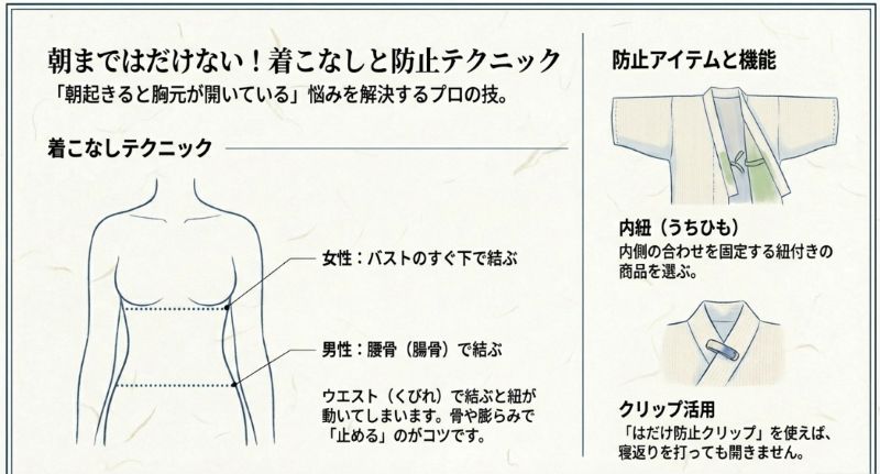 胸元がはだけないコツを図解。女性はバストのすぐ下、男性は腰骨（腸骨）で結ぶこと、内紐付きの商品選び、はだけ防止クリップの活用を推奨している。
