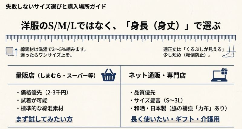 洋服のサイズではなく身長で選ぶこと、洗濯による3〜5%の縮みを考慮することを解説。量販店（価格優先）とネット通販・専門店（品質・サイズ豊富）の比較表。
