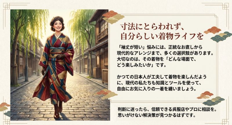 アンティーク着物とベレー帽、ブーツを合わせた女性が街を歩くイラストと、「寸法にとらわれず自分らしく楽しもう」というメッセージ。