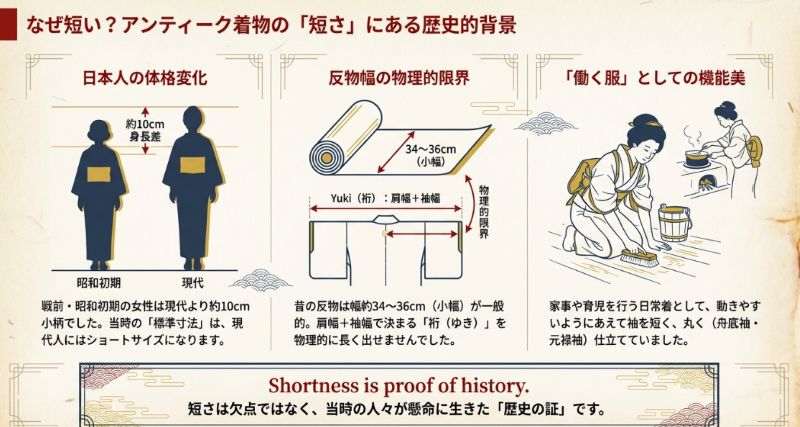 現代人と昭和初期の体格差（約10cm）や、反物幅（小幅34-36cm）による物理的な限界、日常着としての機能性を説明した図解。