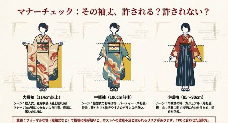 大振袖、中振袖、小振袖の袖丈の長さの違いと、成人式、結婚式、卒業式などの着用シーンを解説したイラスト。
