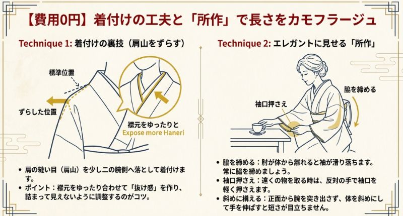 肩山をずらして着付ける裏技と、脇を締める、袖口を押さえるといった、腕の露出を抑えるエレガントな所作の解説図。