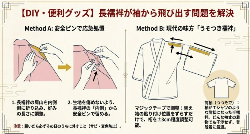 長襦袢の袖を安全ピンで留めて調整する方法と、マジックテープで裄を変えられる「うそつき襦袢」の仕組みを紹介したイラスト。