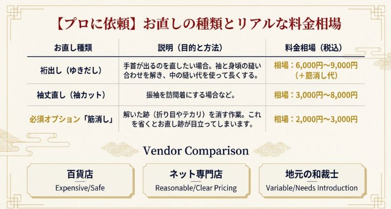 裄出し（6,000円〜9,000円）や袖丈直し、筋消しなどの料金相場と、百貨店やネット専門店の特徴をまとめた比較表。