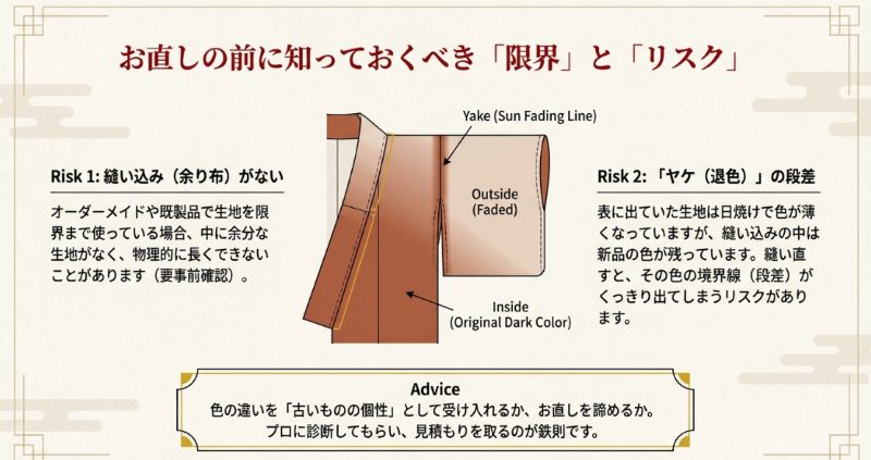 縫い代の有無による物理的限界と、布を出すことで発生する「ヤケ（退色）」の段差リスクを説明した断面図。