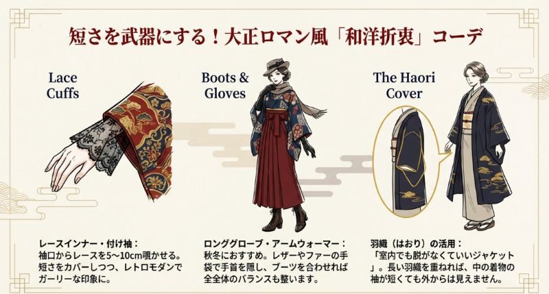 レースの付け袖、ロンググローブ、ブーツ、羽織を組み合わせ、短い袖丈をおしゃれにカバーする大正ロマン風コーディネートの例。
