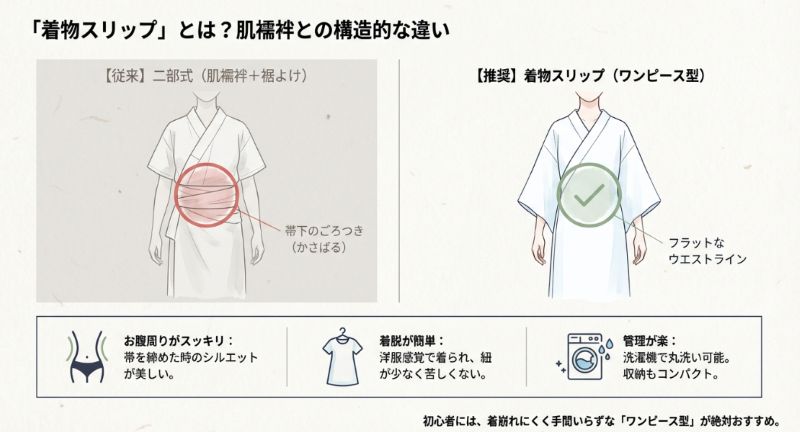 従来の二部式肌着（肌襦袢と裾よけ）は帯の下が重なりかさばるのに対し、ワンピース型の着物スリップはウエストラインがフラットになり、シルエットが美しくなることを解説する比較図。