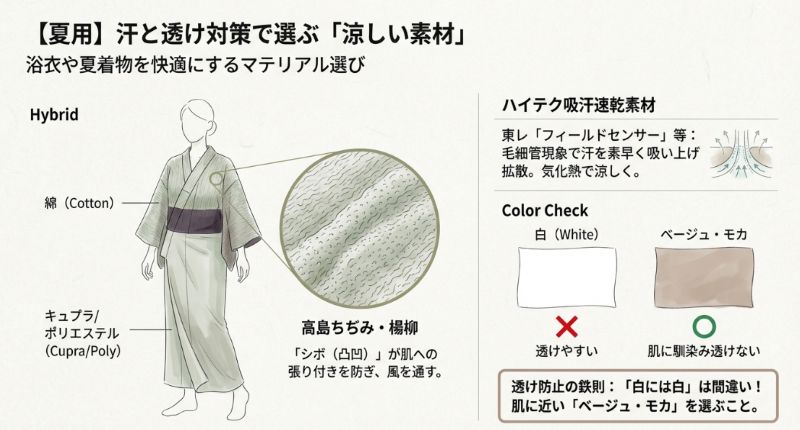 上半身が綿、下半身がキュプラやポリエステルのハイブリッド素材と、高島ちぢみの独特な「シボ」が肌への張り付きを防ぎ、風を通す様子を説明するイラスト。