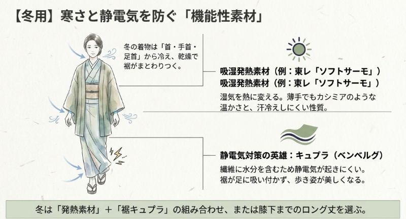 冬の冷えと静電気対策として、湿気を熱に変える吸湿発熱素材と、静電気が起きにくいキュプラ素材の組み合わせを推奨する解説図。