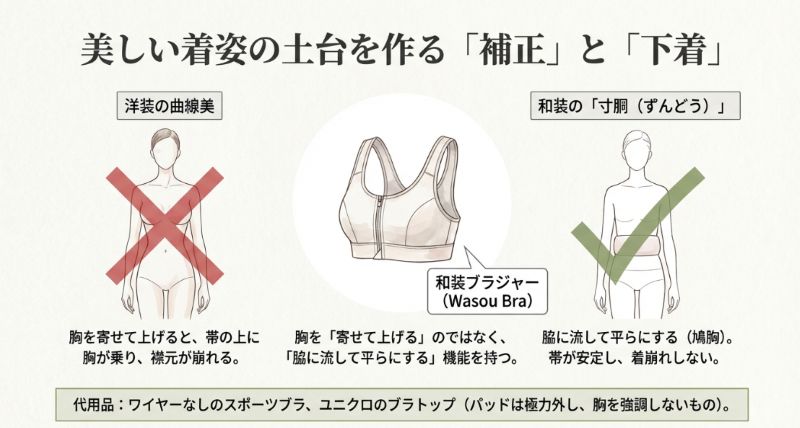 洋装の曲線美と和装の「寸胴」シルエットの違いを示し、胸を脇に流して平らに整える和装ブラジャーの効果を説明する比較図。