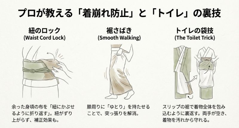スリップの紐を締めた後、余った布を折り返して紐を固定するテクニックと、膝周りにゆとりを持たせて歩きやすくするコツのイラスト。