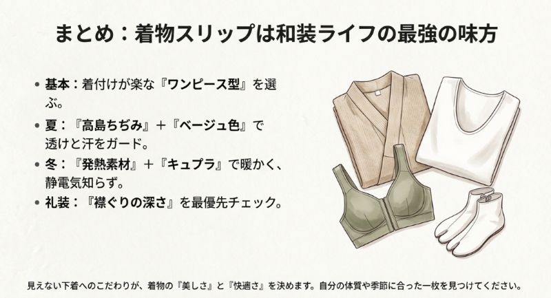 着物スリップ、和装ブラジャー、足袋など、美しい着姿と快適さを決める和装下着のセットをまとめたイメージイラスト。