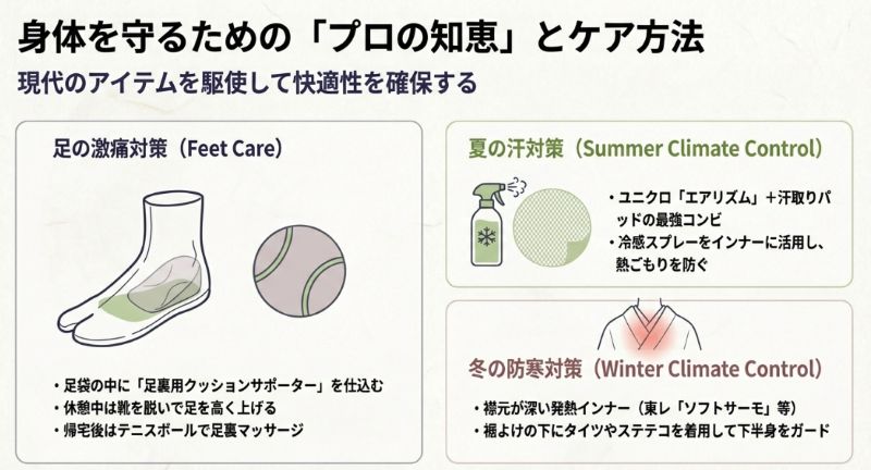 足裏クッションやテニスボール、エアリズム（夏）、ソフトサーモ（冬）など、着物バイトの負担を軽減するケアグッズのリスト。