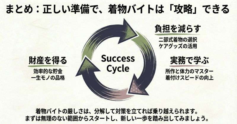 負担を減らし、実務で学び、財産（貯金や品格）を得るという「Success Cycle」を描いたまとめの循環図。