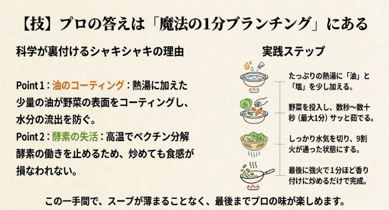 油と塩を加えた熱湯で野菜をサッと茹でることで、表面をコーティングし、シャキシャキ感を保つ「ブランチング」の手順。