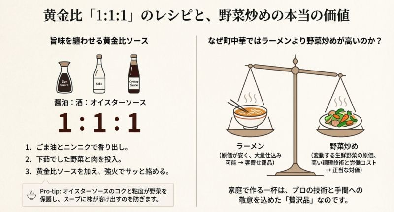 醤油・酒・オイスターソースを1:1:1で合わせる黄金比レシピと、ラーメン(客寄せ商品)と野菜炒め(労働コスト・技術の対価)の価値を比較した天秤図。