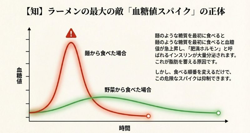 麺から食べた場合と野菜から食べた場合での、食後の血糖値上昇(スパイク)の激しさを比較したグラフ。