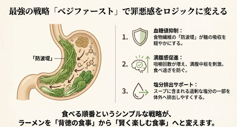 食物繊維の防波堤による糖の吸収抑制、咀嚼による満腹感促進、塩分排出サポートの3つのメリットを説明するスライド。