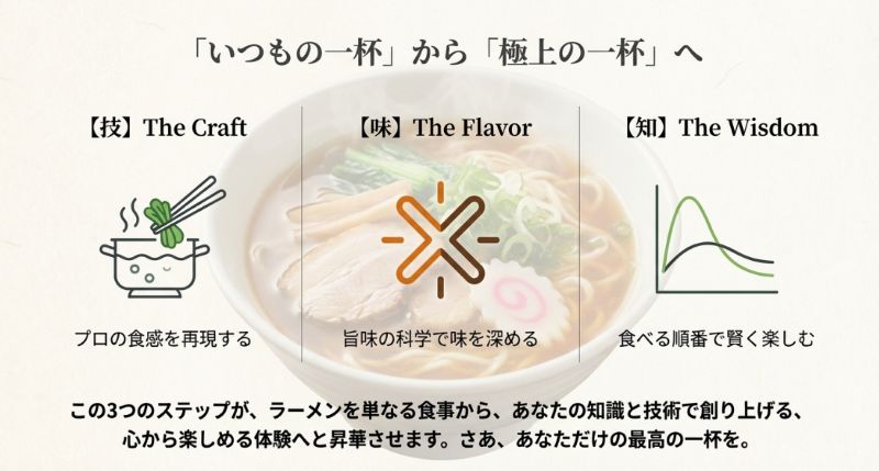 プロの食感を再現する「技」、旨味を深める「味」、食べる順番の「知」を実践して健康的に楽しむためのまとめスライド。