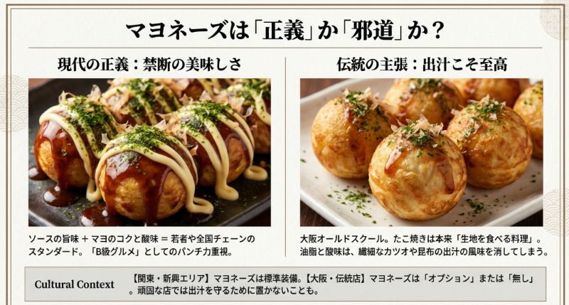 1974年の大阪・アメリカ村のイラスト。若者がたこ焼きを楽しむ様子と、マヨネーズを「網掛け」することで西洋のコクを取り入れた歴史を解説するスライド。